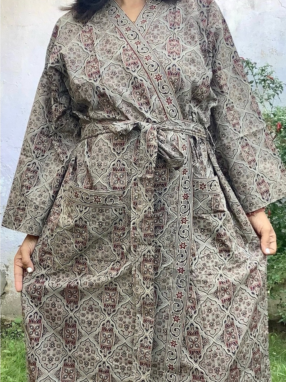 Boho Printed Two-Piece Set in Khaki Brown Base with Red and Black colour block.